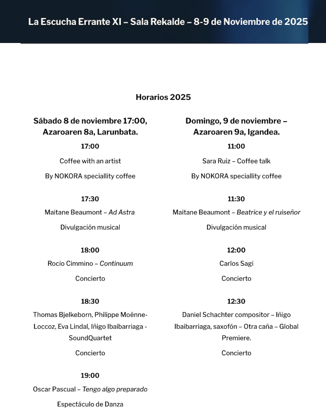 Festival “La Escucha Errante” Sala Rekalde, Bilbao 8/9 nov 2026